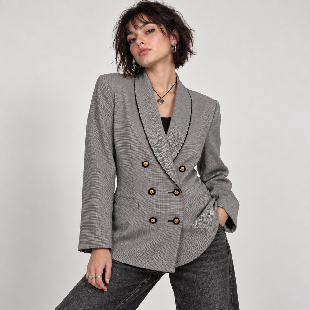 Vintage Le Suit Houndstooth Double Breasted Blazer 14 Gold Button Academia 90s